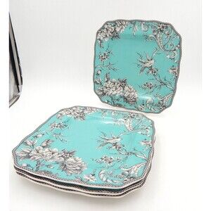 222 Fifth Adelaide Turquoise Square Dinner Plate 11 In Floral Birds Branch Set 4